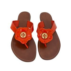 Tory Burch Breely Flower Patent Leather Sandal Slippers Flip Flops Orange 10M